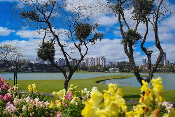 Vista do lago no Parque Barigui, onde é possível ver a cidade ao fundo e flores do parque à frente do lago