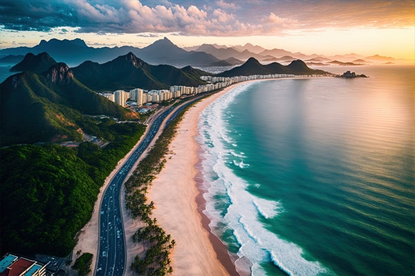 Imagem aérea da Praia da Reserva, no RJ Ao fundo, aparecem morros, o o por do sol, o mar, a areia e uma estrada que beira a praia.