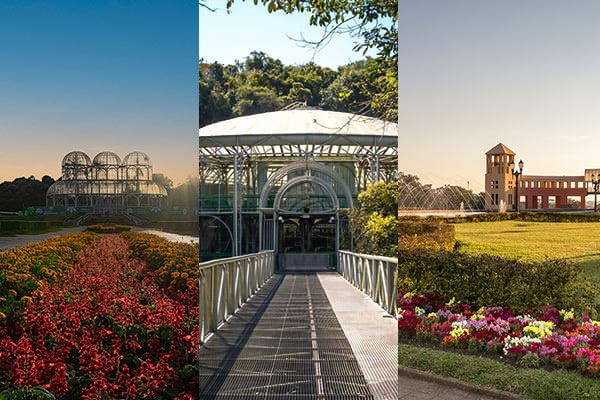 Imagem da montagem do jardim botânico, ópera de arame e parque tangua em Curitiba