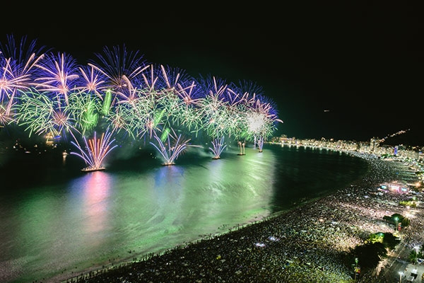 Imagem aérea de fogos de artifício no ano novo em Copacabana (RJ)