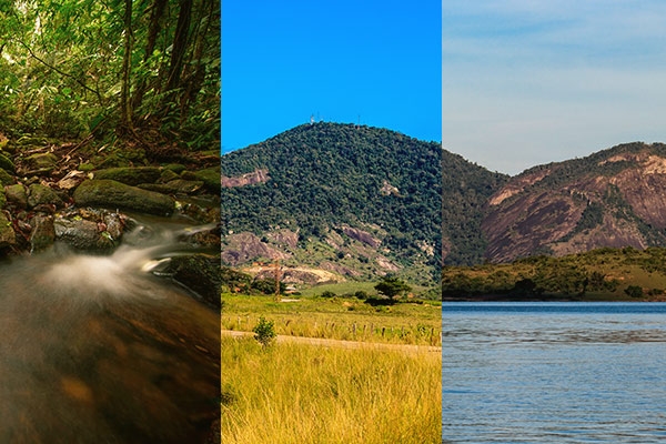 Imagem da Cachoeira do Imbé, morro do Itacoa e Lagoa de Cima em Campos de Goytacazes