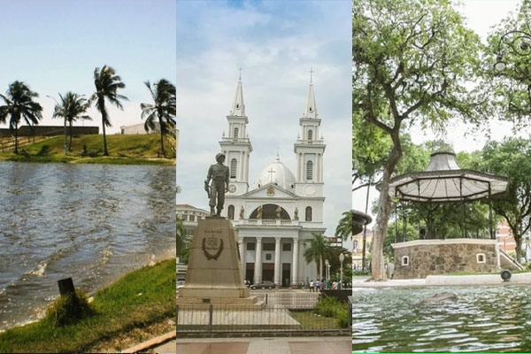 Imagem da praia do Farol de São Thomé, praça do Santíssimo Salvador e Jardim do Liceu