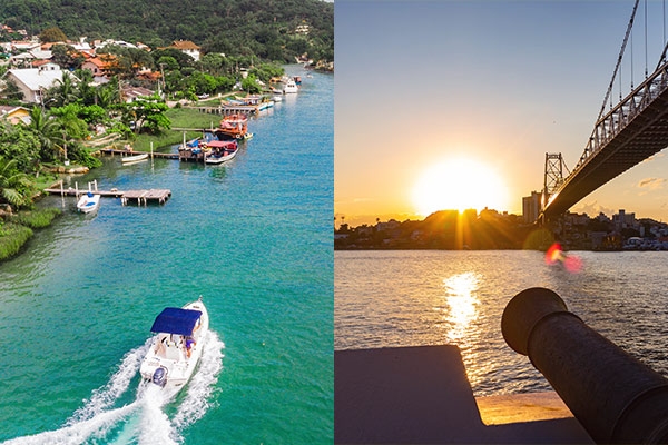 Um barco na Costa da Lagoa e um canhão da da Fortaleza de Floripa