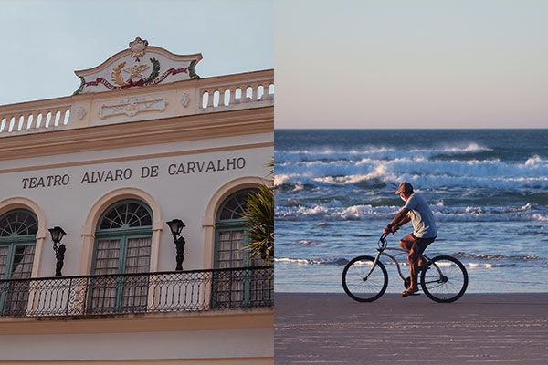 Teatro Álvaro de Carvalho (TAC) e ao lado homem andando de bicicleta