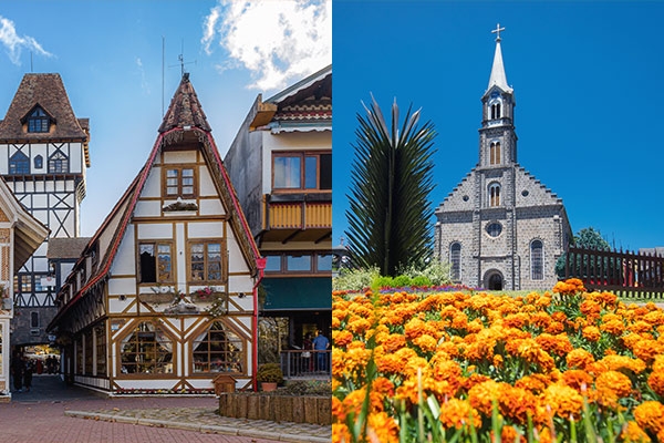 Imagem de uma loja de chocolates e da Igreja Matriz São Pedro