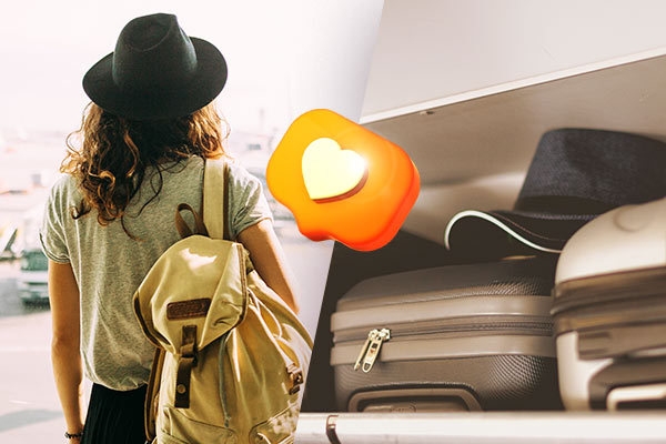 Imagem dividida em duas partes. A primeira imagem corresponde a uma mulher de chapéu e mochila nas costas. A segunda imagem corresponde a duas malas.