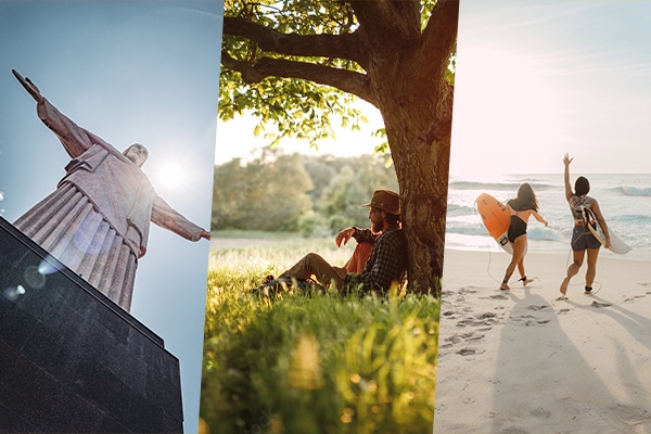 Imagem de três paisagens. Na primeira imagem, há o Cristo Redentor. Na segunda imagem, um homem sentado no pé de uma árvore com um violão. Na terceira imagem, duas meninas segurando pranchas de surf em direção ao mar.