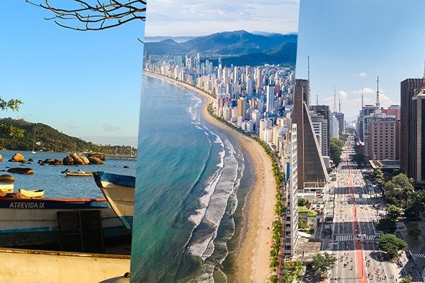 Imagem de três paisagens. Na primeira imagem, há barcos e um mar ao fundo. Na segunda imagem, há prédios e praia. Na terceira imagem, mostra a avenida principal de São Paulo.