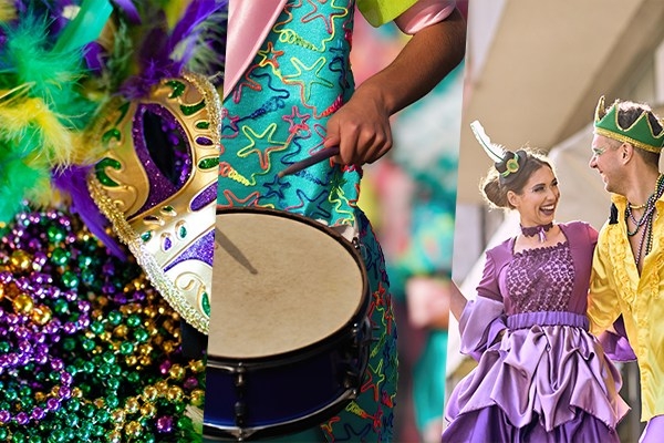 Três imagens respectivamente relacionadas ao carnaval. A primeira imagem, é uma máscara. Na segunda imagem, há um homem tocando tambor. Na terceira imagem, há um casal sorrindo fantasiado.