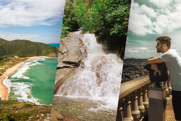Imagem dividida em três paisagens. A primeira mostra uma praia. A segunda imagem ilustra uma cachoeira e a terceira imagem é um homem admirando uma paisagem.