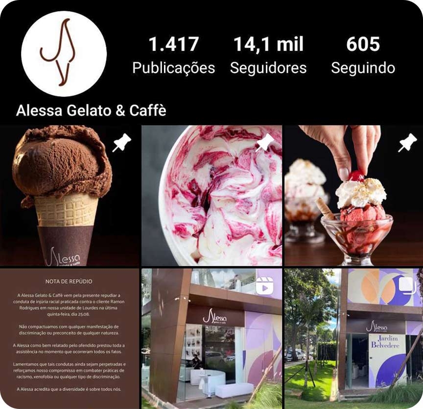 Imagem com print da conta Alessa Gelateria, loja de sorvetes.