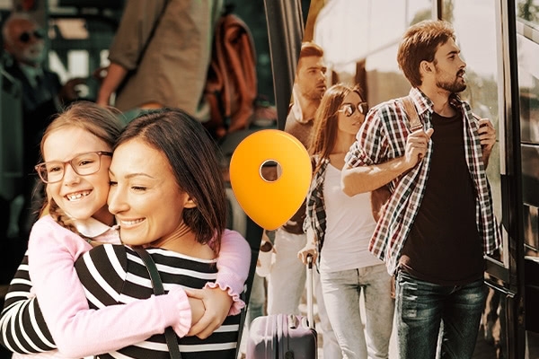 Imagem de uma mulher e menina abraçando-se na outra imagem homem com mochila nas costas entrando no ônibus