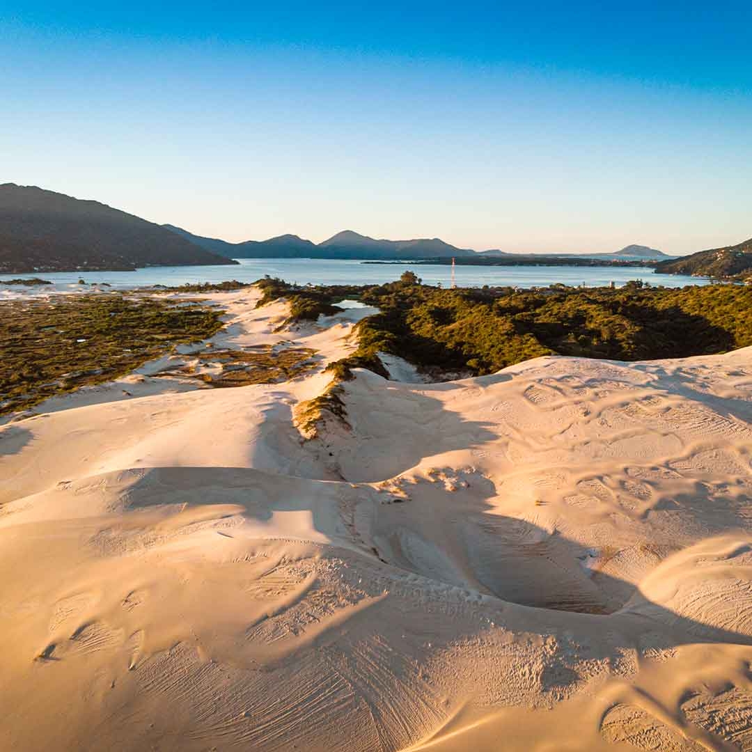 Foto da Praia da Joaquina, em Florianópolis. Ao fundo, aparecem morros, o céu azul e o mar. À frente, dunas de areia.