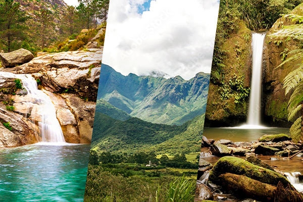 Imagem de três paisagens. Duas cachoeiras e montanhas.