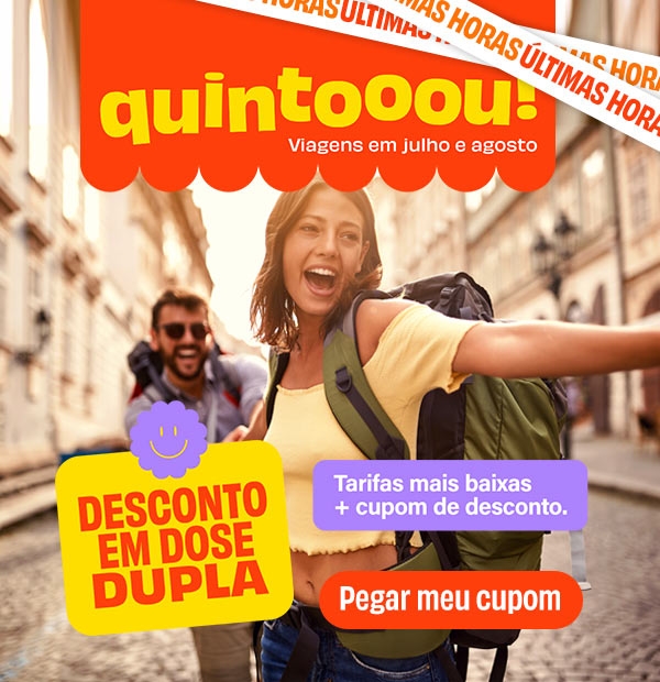 ÚLTIMAS HORAS: Quintou com desconto em dose dupla - viagens em julho e agosto - Botão pegar meu cupom