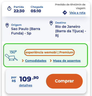 Cartão com as informações da passagem com destaque para a "Experiência wemobi - Premium"
