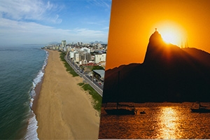 Foto da praia em Macaé e do Corcovado no Rio de Janeiro